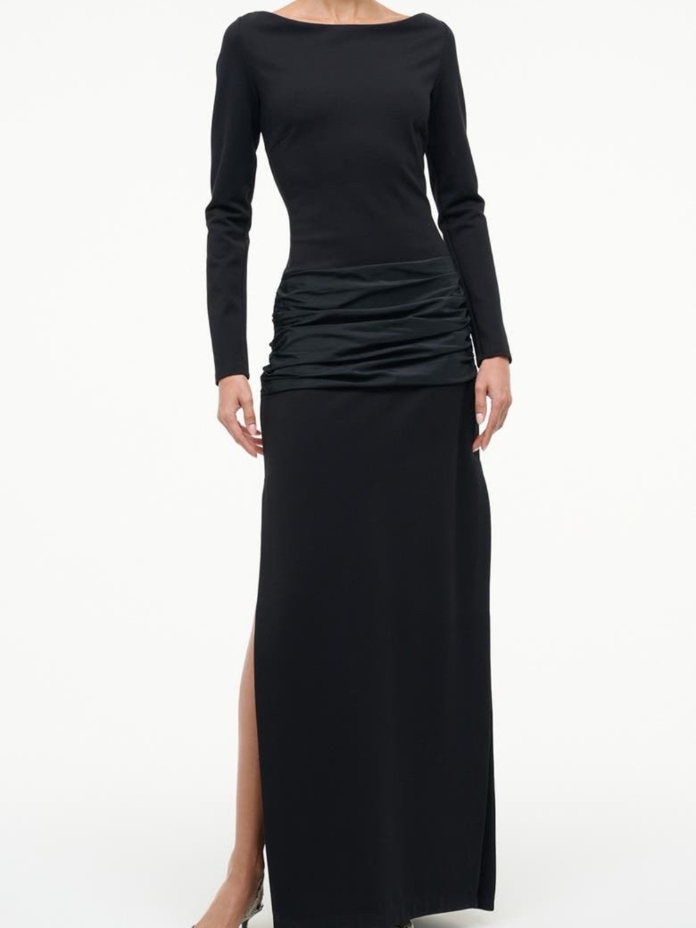 STAUD Holland Draped Maxi Dress Black Grizzly Long Sleeve